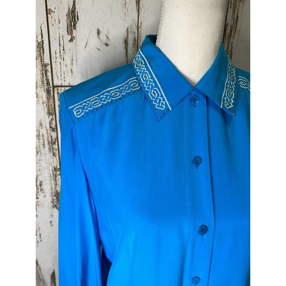 Blue Ice teal silk white embroidered beaded long sleeve blouse - Picture 3 of 5